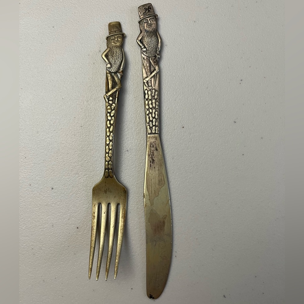 Vintage Circa 40s-50s Mr. Peanut Silver Plated Fork and Knife 🥜 Advertising Art